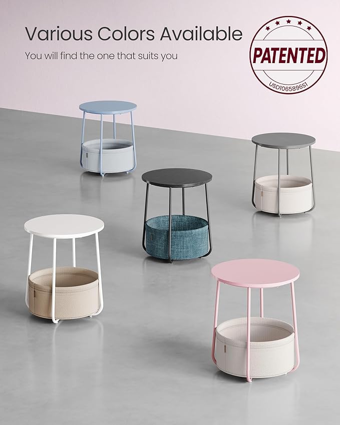 VASAGLE LILEA Collection - Small Round Side End Table, Modern Nightstand with Fabric Basket, Jelly Pink and Cream White ULET223R61