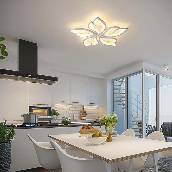 Garwarm Modern Ceiling Light,23.6” Dimmable LED Chandelier Flush Mount Ceiling Lights,Remote Control Acrylic Leaf White Lamp Fixture for Living Room Dining Room Bedroom 60W