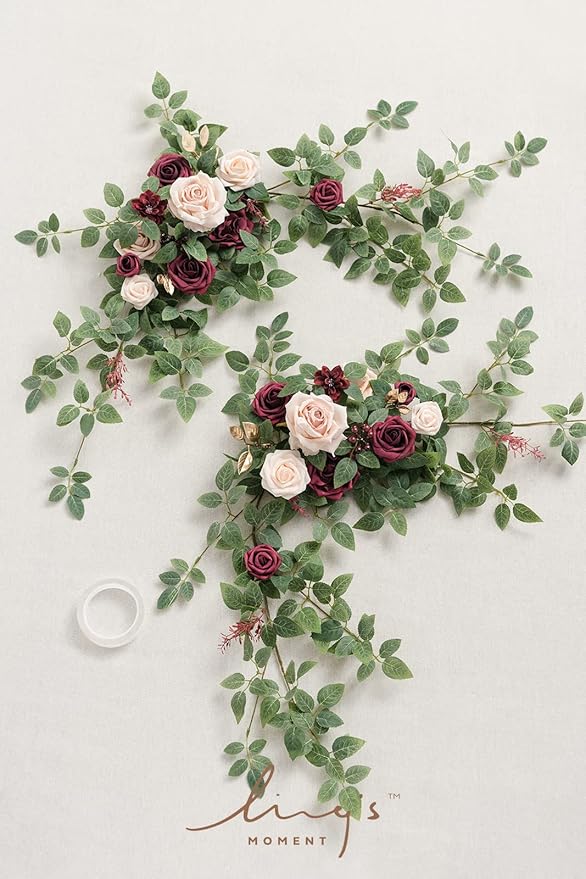 Ling's moment 2PCS Artificial Floral Swags Centerpieces Burgundy Wedding Flower Greenery Arrangements for Sweetheart/Head Table Decor Wedding Car Wall Window Arch Home Garden Decor Blush Marsala