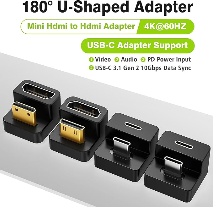 AGVEE 180 Degree Angled USB-C to USB-C Adapter and 2 Direction U-Shaped Mini HDMI to HDMI Converters, HDMI 2.0 4k@60HZ, Coupler Extender Extension for Portable Display Monitor, Black