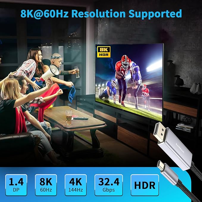 BolAAzuL USB-C to Displayport Cable 8K 6ft/1.8m, Braided USB Type C (Thunderbolt 3 Compatible) to DP 1.4 Cable Support 8K@60Hz 4K@144Hz for MacBook Pro/Air,iMac,iPad Pro 2020,XPS,Galaxy S20