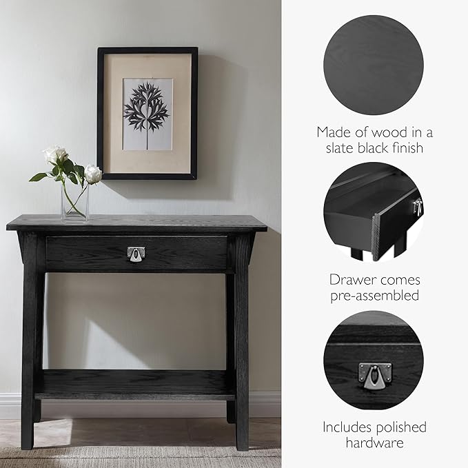 Leick Home Mission Console Table, Solid Wood, 1 Storage Drawer, Bottom Display Shelf, Narrow Depth, Easy-Assembly, For Living Room/Hallway, Slate Black, 30 in L x 10 in W x 28 in H, 9057-SL