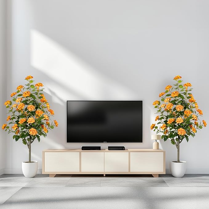 Artificial Camellia Tree 2 Pack, Artificial Plants Outdoor Faux Floral Plant in Cement Pot Fake Silk Camellia Tree Plants for Home House Living Room Office Decor
