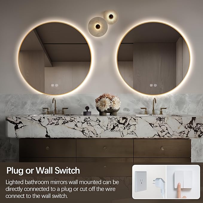 Niccy Round Led Mirror for Bathroom, 32" Backlit Mirror for Wall Circle Lighted Mirror with Gold Frame Anti-Fog, 3 Colors, HD Glass and IP65 Waterproof