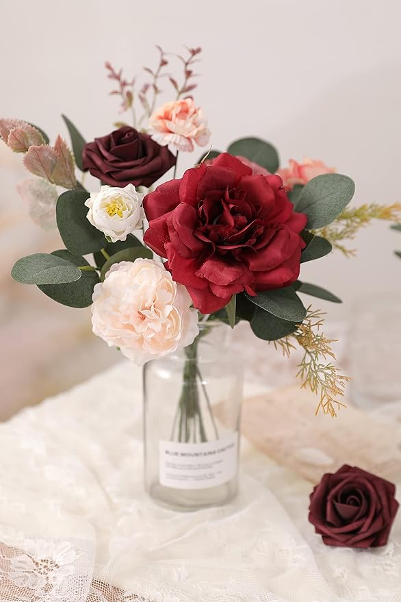 Artificial Flowers Combo Box Set Burgundy Pink Fake Flower Leaf Box with Stems for DIY Wedding Bouquets Centerpieces Arch Arrangement Baby Shower Party Home Decorations