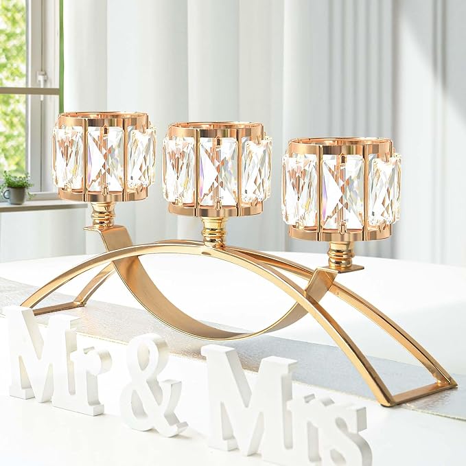 3 Arms Crystal Candle Holders, Arch Candlestick Table Candelabras Centerpieces for Wedding, Dinning Room, Cabinet Ornaments, Home Decoration, Gift (Gold, 2 Pcs-3 Arm Arched)