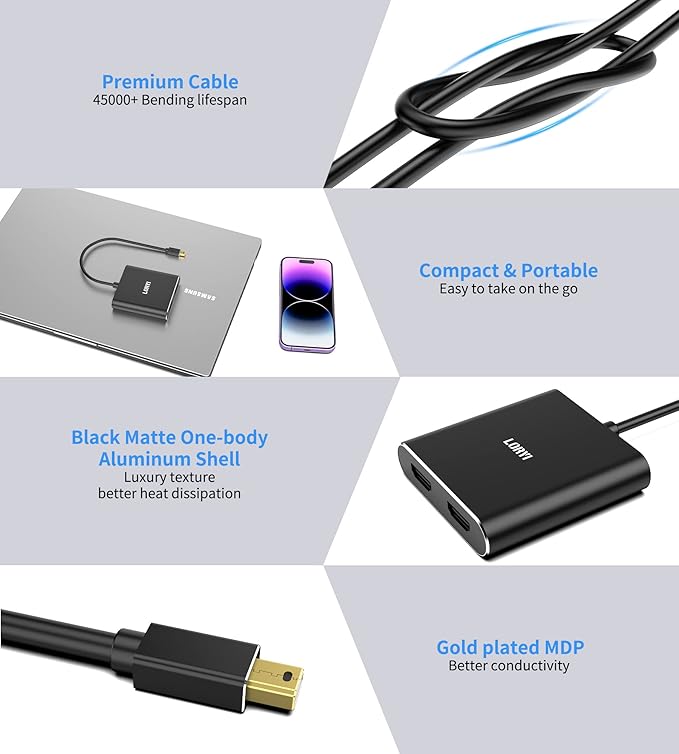 Mini DisplayPort to Dual HDMI Adapter 4K@60Hz, MDP 1.2 to 2 HDMI Splitter, Dual hdmi Output, Supports Extended Mode and Mirror Mode, Compatible with Laptops, PCs, Monitors, Projectors, for Windows