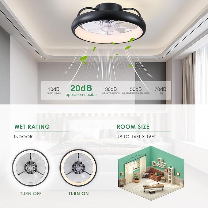 Ceiling Fans,Flush Mount Ceiling Fans with Lights and Remote Control, Low Profile Ceiling Fan with Light and Remote, Modern Ceiling Fan, Reversible, Dimmable, Noiseless(Black)