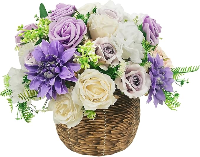 Artificial Fake Flowers 27pcs Roses, Mixed White & Purple Faux Flower for DIY Wedding Bouquet Bridal Shower Centerpieces Floral Arrangements Party Table Home Decorations