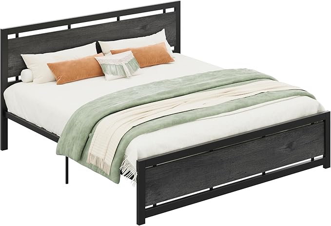 LIKIMIO King Bed Frame with Headboard and Footboard, Metal Strong Supports, Easy Assembly, Noise-Free, No Box Spring Needed, Charcoal Grey
