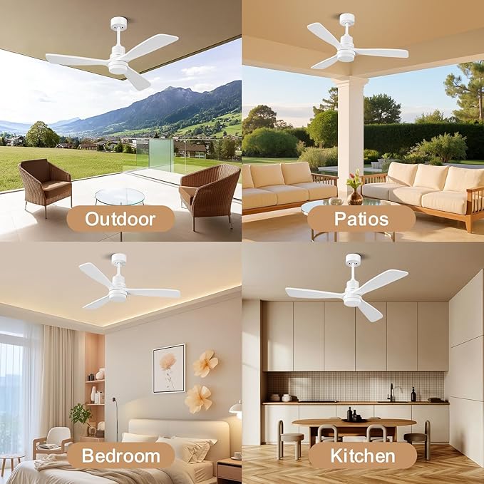 Obabala 52inch White Ceiling Fan with Lights Modern Ceiling Fan with Remote Control Reversible DC Noiseless Motor 6 Speed, Timer for Indoor Outdoor Patios
