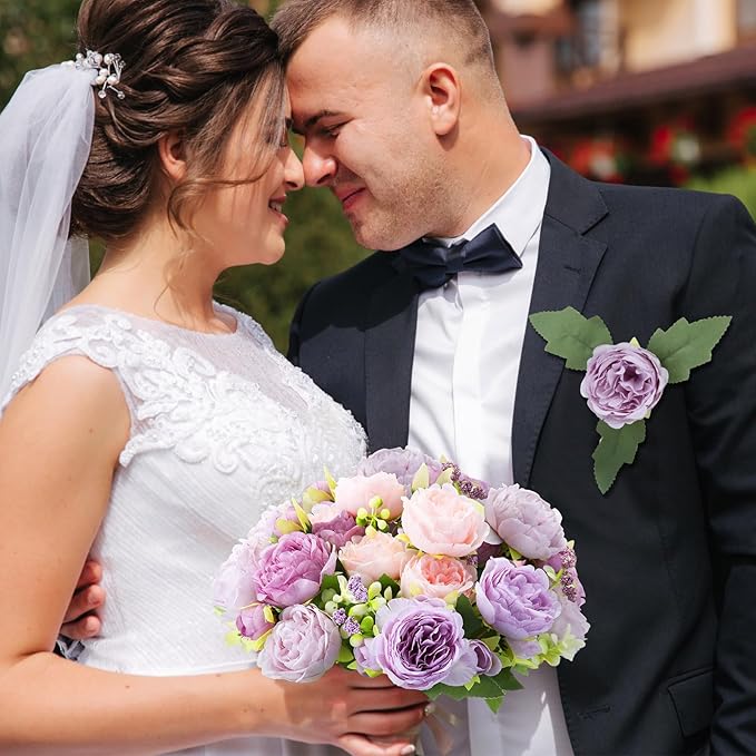 Geosar 8 Bundles Artificial Peonies Flowers Fake Silk Peony Bouquet Faux Peonies Flowers Bulk for Decoration Vase Floral Arrangements Wedding Party Table (Gray Purple,Light Purple)