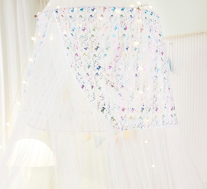 Unicorn Bed Canopy with Lights, Tent for Girls Room Decor, Twin to King Size Beds