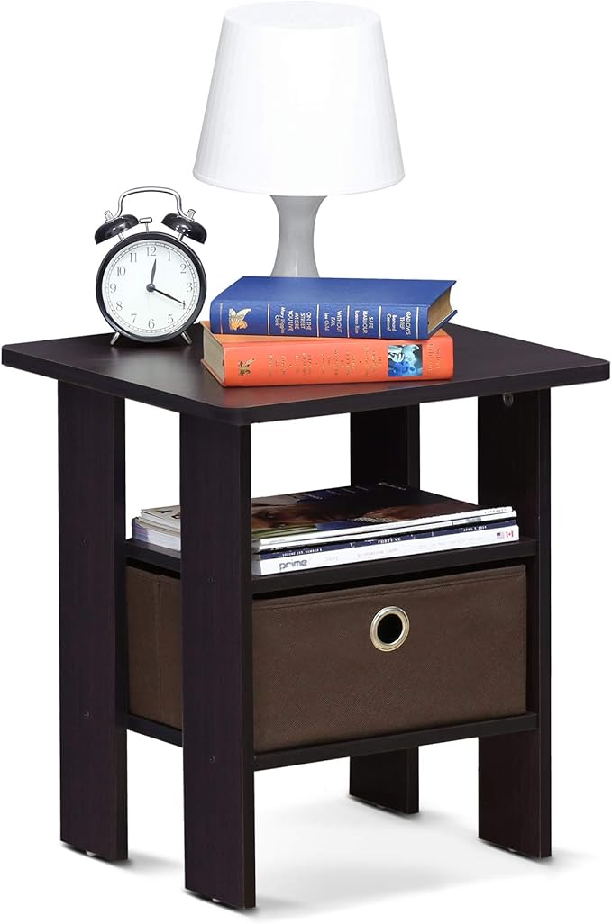 Furinno Andrey Set of 2 End Table / Side Table / Night Stand / Bedside Table with Bin Drawer, Dark Walnut