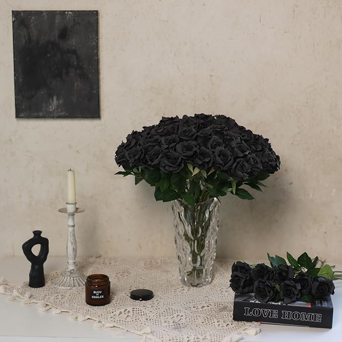 FOTEEWL 60 Pcs Artificial Rose Flower Realistic Faux Silk Roses Stem Fake Roses Bouquet for Flower Arrangement,Wedding Centerpieces,Party,Home Decor,Halloween Decorations (Black)
