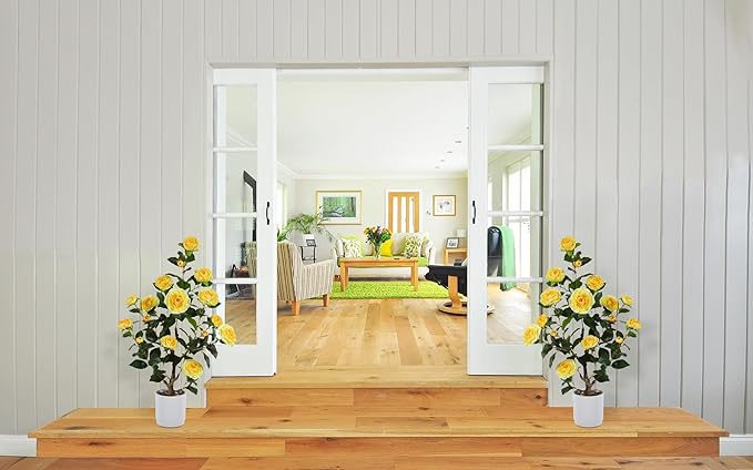 Artificial Camellia Tree 3ft, Fake Plant in White Pot, Faux Camellia Silk Flower Potted Tree for Indoor Outdoor Home Livingroom Office Decor (Yellow)