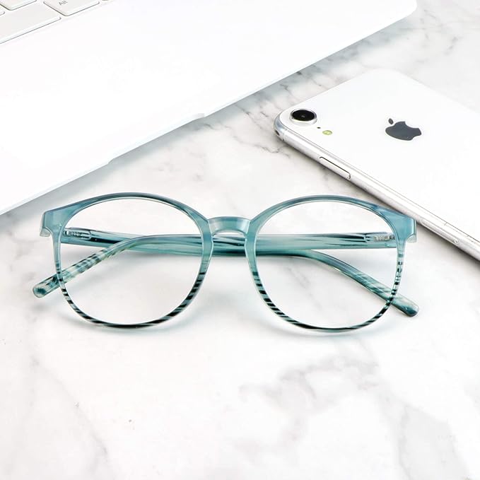 LifeArt Round Blue Light Blocking Glasses, Computer Glasses, Gaming Glasses, TV Glasses for Women Men (Striped Blue, 3.50 Magnification)