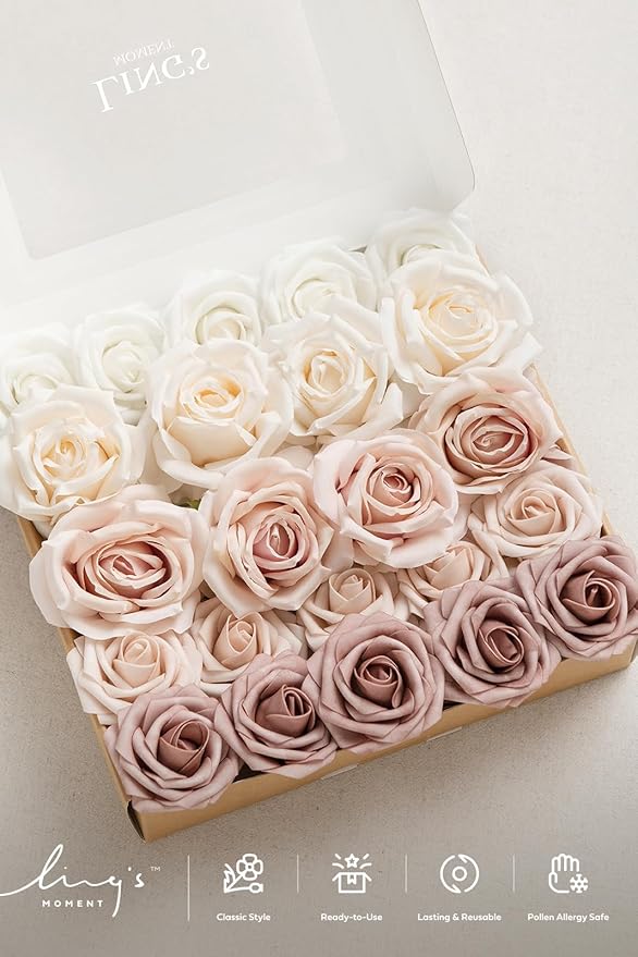Ling's Moment Artificial Flowers Fake Silk Roses Faux Foam Flower Combo for DIY Wedding Bouquets Centerpieces Arrangements Bridal Shower Party Home Decorations, Dusty Rose & Cream, 23pcs