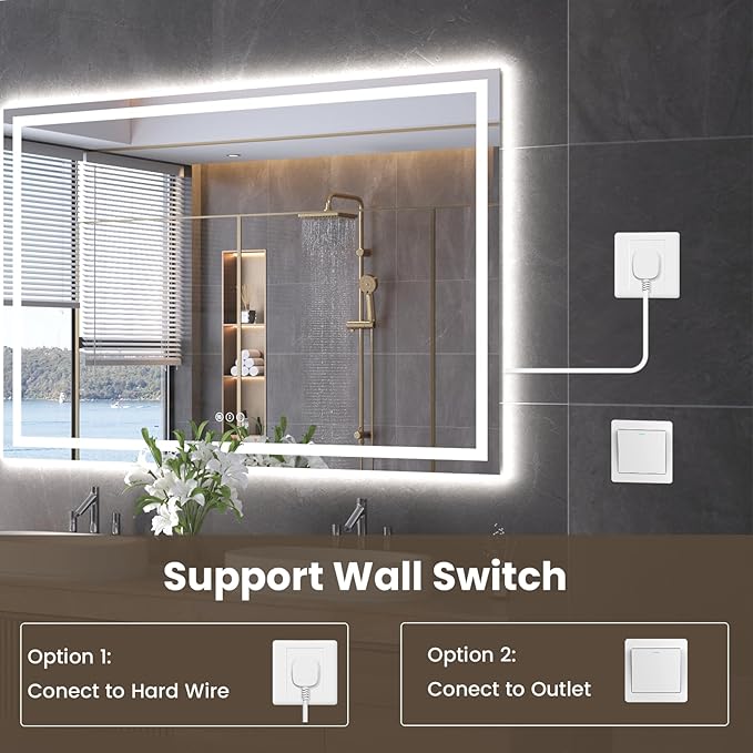 60"X24" LED Bathroom Mirror with Front Lights and Backlit, Anti-Fog, Dimmable, Shatter-Proof Tempered Glass, Lighted Bathroom Vanity Mirror for Wall with 3 Colors, Memory Function