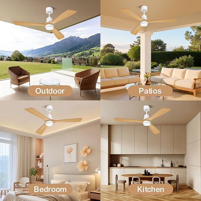 Obabala Ceiling Fan with Light 52 in Outdoor Ceiling Fans with Light and Remote, Modern 3 Wooden Blades, 6 Speed Reversible DC Motor for Patios, Kitchen Bedroom Porch