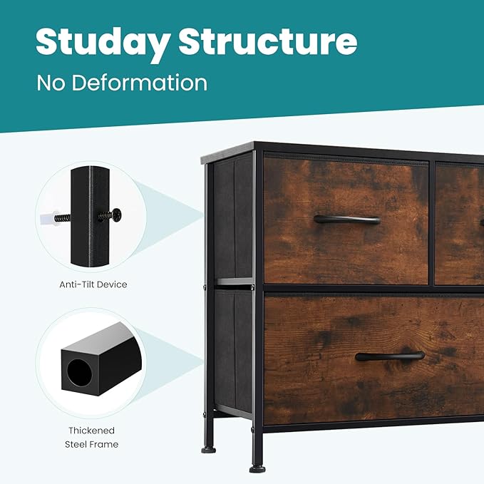 OLIXIS Dresser for Bedroom, 5 Storage Fabric Drawers, Metal Frame and Wooden Top, Tall Storage Drawer Dresser for Closet with Easy Pull Handles for Living Room, Entryway, Small Space