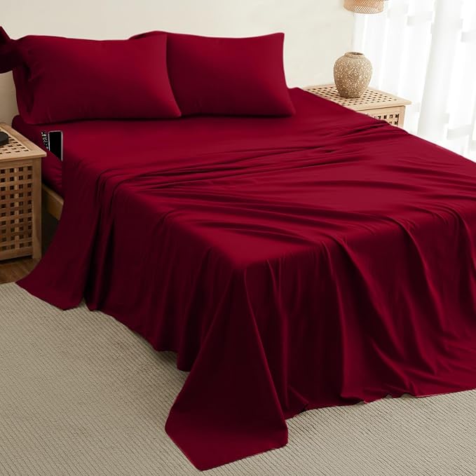 DREAMCARE Queen Size Sheets - Cooling Bed Sheets - 4pcs Set - up to 15" Deep Pocket Queen Sheet Set - Sheets Queen Size Bed - Soft & Long Lasting 100% Fine Brushed Polyester with Side Pocket -Brgndy