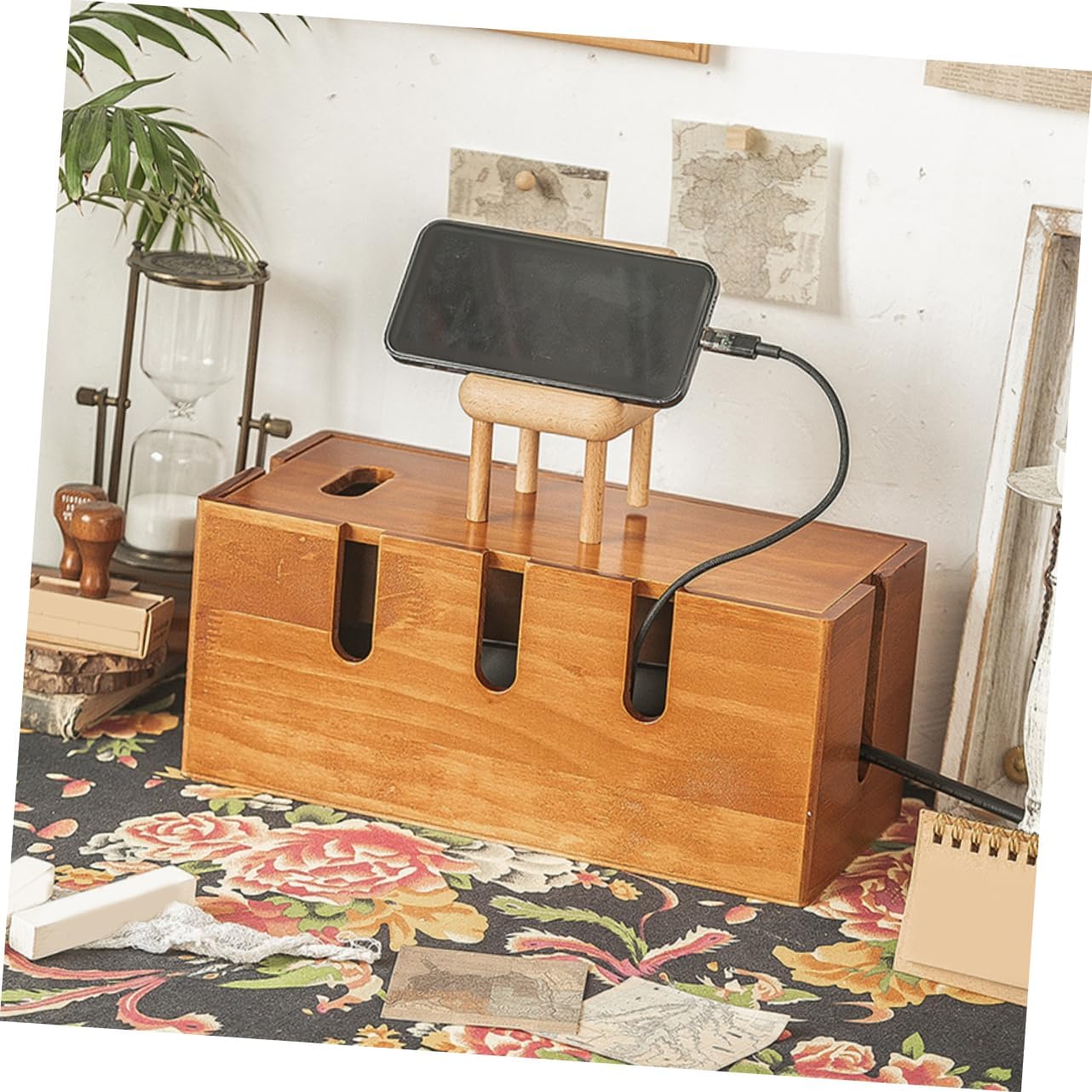 Zerodeko Wooden Cable Management Box, Cord Organizer for Phone Charger, Wire Organizer Container, Desk WiFi Storage Rack