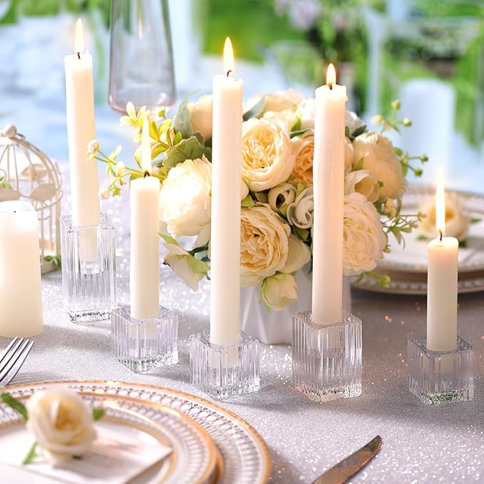 LETINE 12pcs Vertical Stripe Glass Candlestick Holders - Chic Taper Candle Sticks Holder Set for Elegant Dining & Home Decor - Ideal for Wedding Centerpieces, Parties, and Celebrations