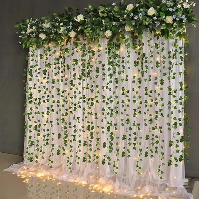 RECUTMS 118 Inches Plant Garland Hanging Vines with Lights LED Strings Artificial Ivy Fake Greenery Leaf Plants Faux Silk Green Leaves Plastic Flower for Party Room Patio Wall Bedroom Outdoor Decor