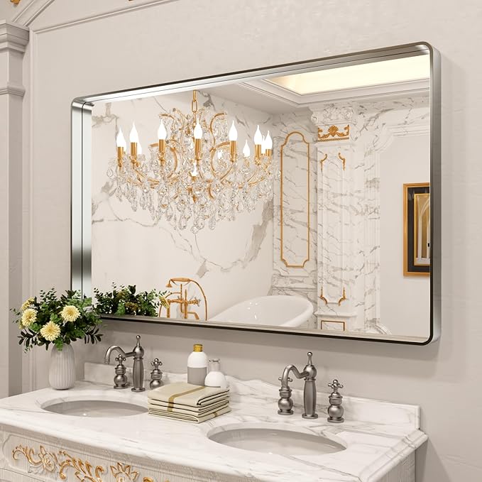 LOAAO 60X36 Inch Brushed Nickel Bathroom Mirror, Rounded Rectangle Silver Metal Frame Mirror, Brushed Nickel, Anti-Rust, Shatter Proof, Hangs Horizontally or Vertically