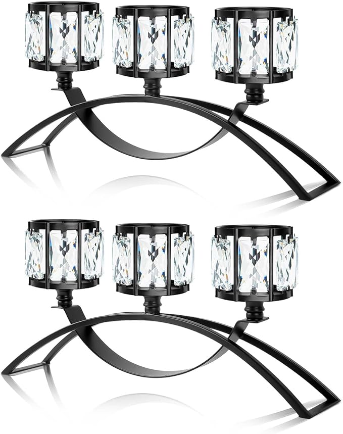 3 Arms Crystal Candle Holders, Arch Candlestick Table Candelabras Centerpieces for Wedding, Dinning Room, Cabinet Ornaments, Home Decoration, Gift (Black, 2 Pcs-3 Arm Arched)