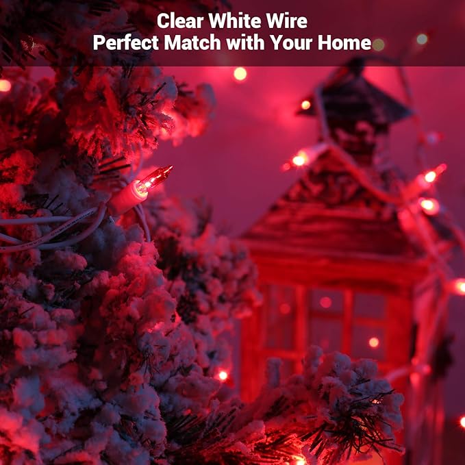 Brizled Red Christmas Lights, 300 ct 69.6ft Incandescent Christmas Lights plugin, Connectable 120V UL Certified Mini Xmas String Light for Halloween, Xmas, Indoor, Party, Porch Decor, White Wire
