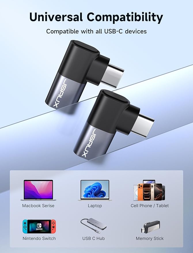 JSAUX 90 Degree USB C Male to Female Adapter 2-Pack, 40Gbps Data Transfer PD 100W Type C 3.1 Extender for Switch 2, Switch OLED, ROG Ally, Steam Deck, VR, MacBook, iPad, iPhone Air/17/16/15 and More