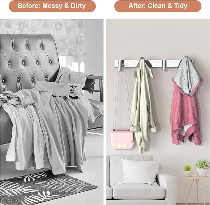 VAEHOLD 1PACK Hat and Coat Wall Mount Rack - 4 Hooks for Robes, Bags, Keys, and Towels - Bathroom Towel Hanger Organizer -Silvery
