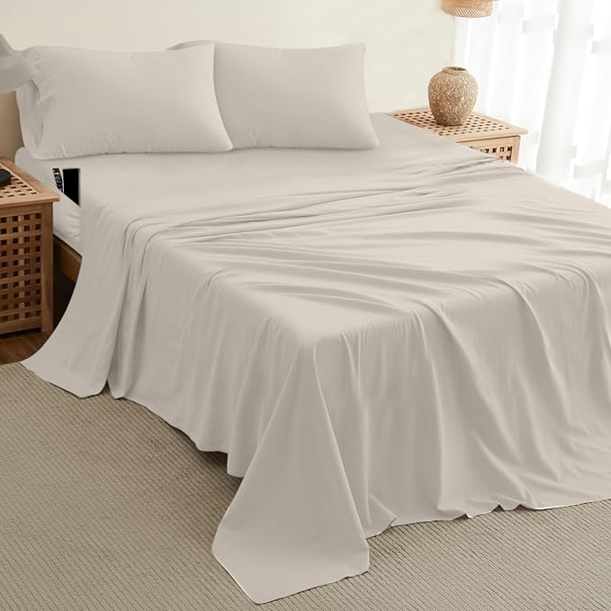DREAMCARE California King Sheet Sets – 4 pcs Cooling Sheets – up to 21” Deep Cal King Sheets – Hotel Luxury Sheets & Pillowcases – Superior Softness 100% Fine Microfiber with Side Pocket – Ivory