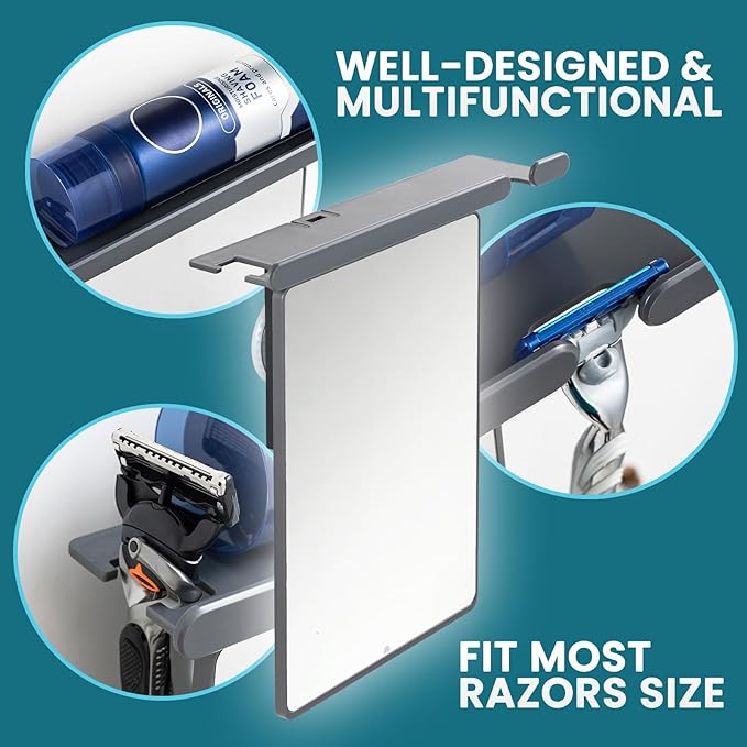 TAILI Shower Mirror Fogless for Shaving with Razor Holder, Anti-Fog with Powerful Suction for Bathroom,Makeup Shave Mirror Wall Mounted for Men & Women, Shatterproof & Removable,Grey