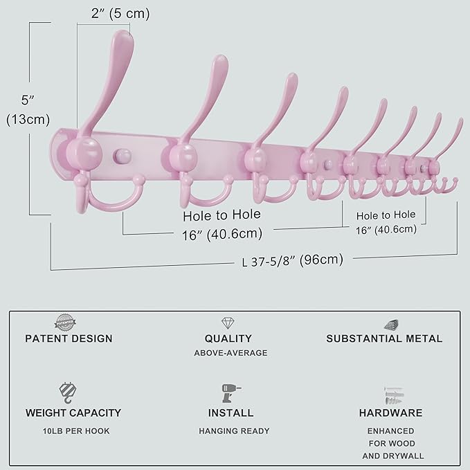 Dseap Coat Rack Wall Mount - 38” Long 10-Tri-Hooks Heavy Duty Coat Hanger Rail Wall Hooks for Hanging Coats Hats Clothing Clothes Purse Mudroom Entryway, Pink, Pack of 2