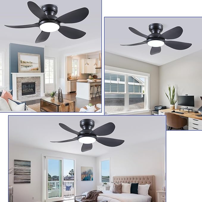 36 Inch Modern Ceiling Fans with Lights, Small Flush Mount Ceiling Fan with Light and Remote/APP Control, 5 Reversible 6 Speeds Curved Blades, 3 CCT Dimmable Lights for Bedroom, Black