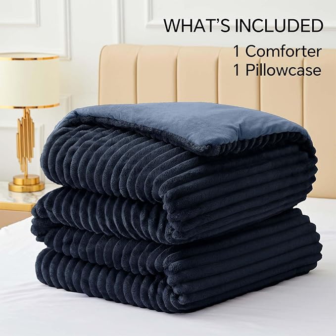 BEDELITE Fleece Twin Comforter Set -Super Soft & Warm Fluffy Navy Blue Bedding, Luxury Fuzzy Heavy Bed Set for Winter with 1 Pillow case