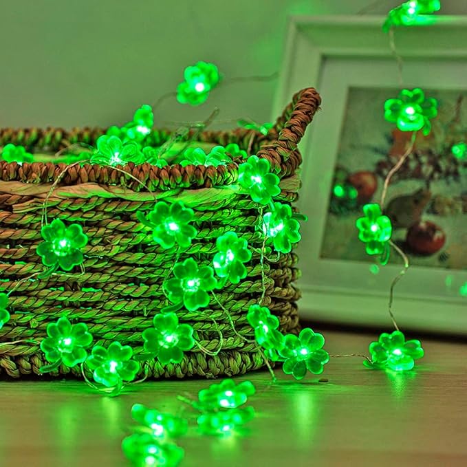 BOHON St Patricks Day Decorations Shamrocks String Lights Battery Operated with Remote 10 ft 40 LEDs Lucky Clover Green Lights for Bedroom Party Feast of Saint St. Patrick's Day Decoration