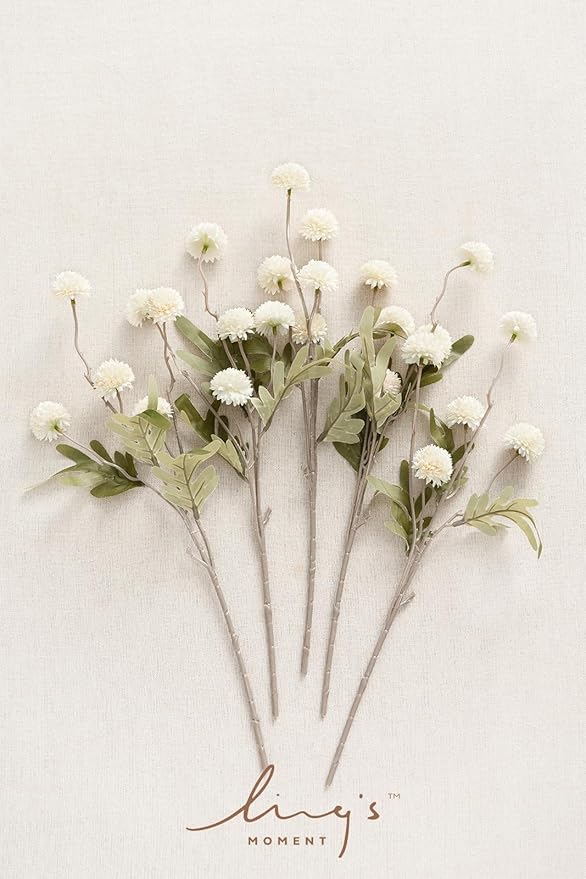 Ling's Moment Pompon Mum Artificial Flower, 5pcs Faux Silk Mini Chrysanth with Stems, Bulk Fake Wedding Filler Flowers for DIY Bouquet Centerpieces Arrangements Shower Decorations, White