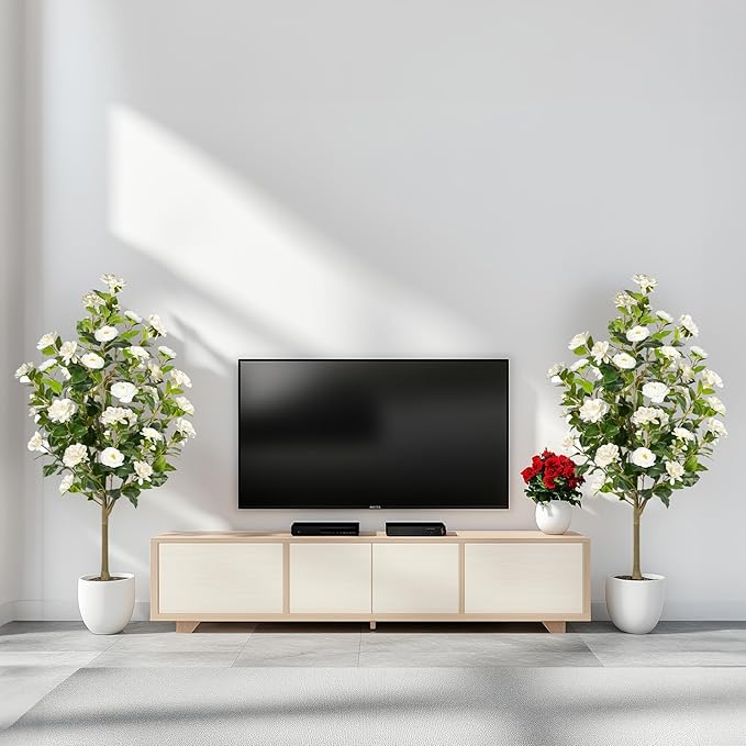 Artificial Camellia Tree 2 Pack, Artificial Plants Outdoor Faux Floral Plant in Cement Pot Fake Silk Camellia Tree Plants for Home House Living Room Office Decor