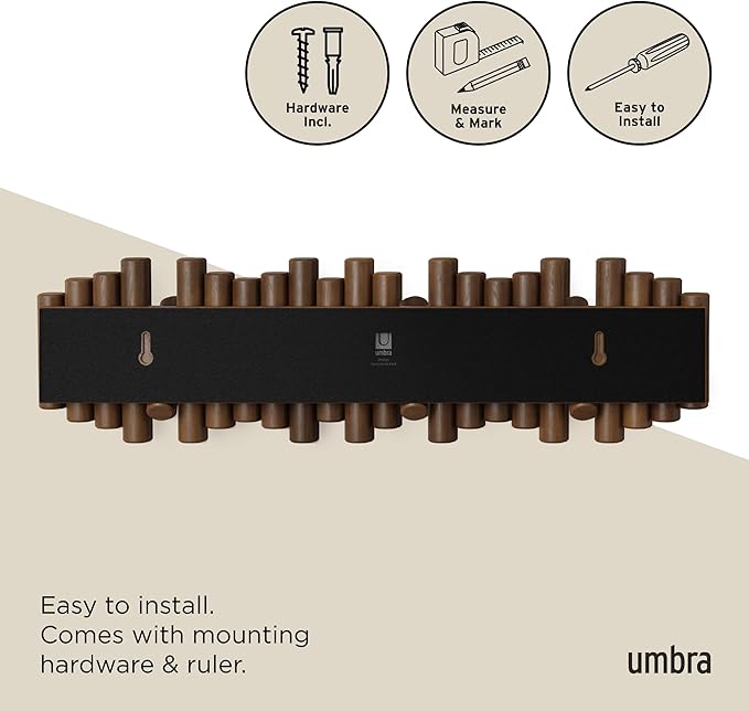 Umbra Picket Coat Rack with 8 Hooks – Walnut Wall-Mounted Coat Rack with Flip-Down Wooden Hooks, Real Pine Wood Decorative Wall Storage for Jackets, Hats, Scarves, Bags, Entryway, Bedroom Living Room