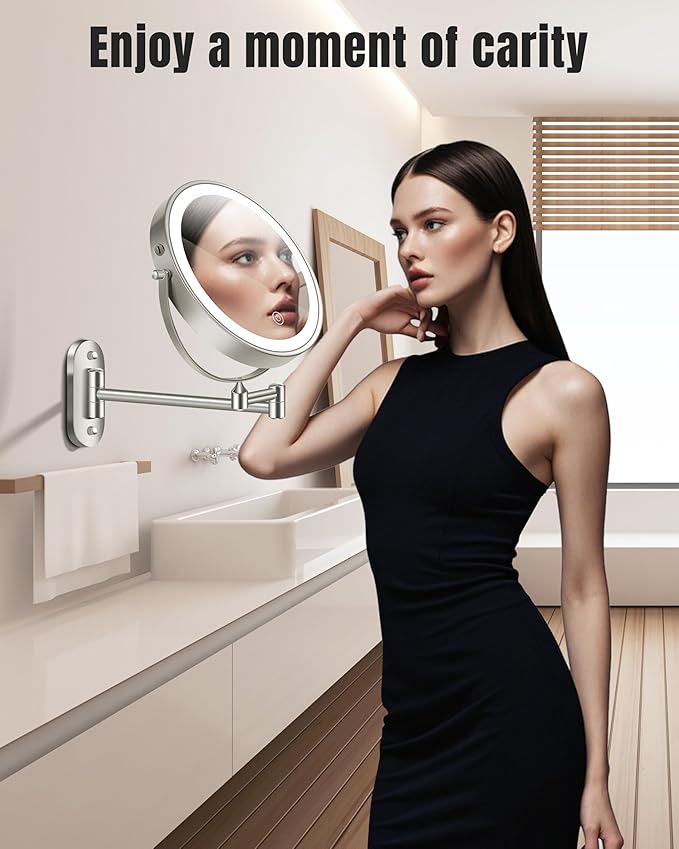 Wall Mounted Makeup Mirror with Light, 20X/1X 8'' Double Sided LED Magnifying Bathroom Lighted Vanity Mirror with Magnification, 3 Color Light up Touch Dimmable Extended Arm 360 Rotation
