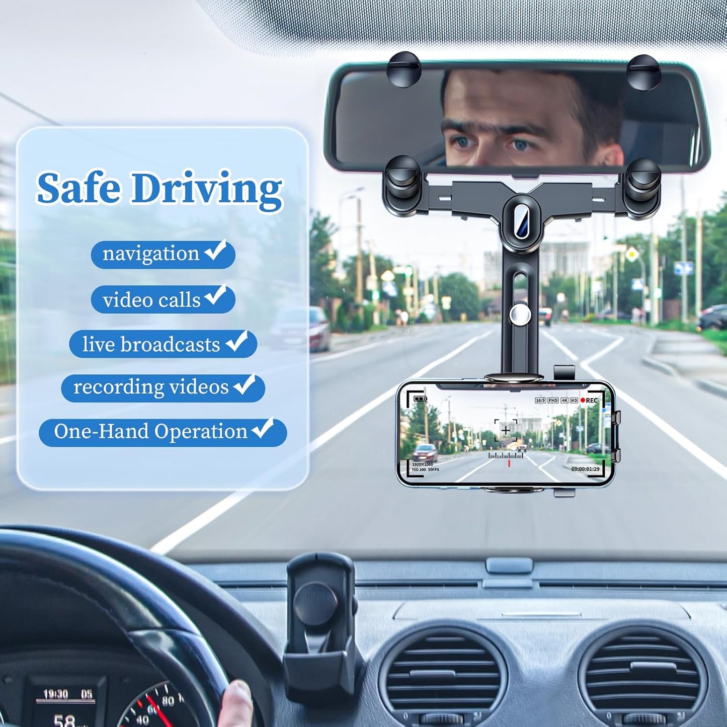 Rearview Mirror Phone Holder for Car, 360° Rotating and Retractable Mobile Phone Mount for Auto Visor, Adjustable GPS