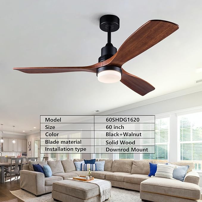 BOJUE 60 Inch Ceiling Fans with Lights and Remote Control, Dimmable LED Light,Quite DC Motor, Indoor Outdoor Wood Ceiling with 3 Blade Fan for Patio Living Room, Bedroom, Office, Summer House