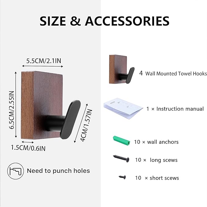 DELITON Adhesive Towel Hooks,Wall Hooks for bathrooms Without Drilling, Wood Wall Hooks for Hanging Robe, Towel, Bag Stick on Farmhouse Bathroom Bedroom Entryway 4 Packs Burned Brown