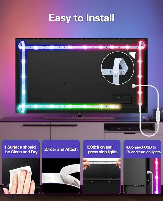 Daymeet TV Led Backlight,13.1ft ICRGB LED Lights for TV USB Light Strip for 40-65 inch Monitor Behind Lighting, Rainbow Color TV Lights Music Sync Bluetooth APP Control with Remote