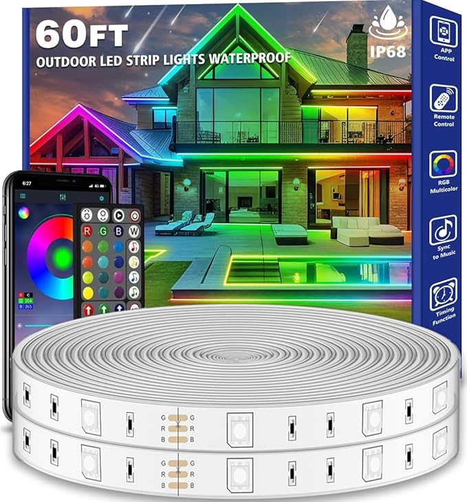 zoegi 60ft Outdoor LED Strip Lights Waterproof,Music Sync RGB IP68 Outside Led Light Strips Waterproof with App and Remote,Exterior Led Rope Lights for Deck,Balcony,Roof,Garden,Pool