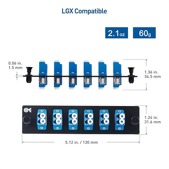 Cable Matters 12 Fibers LC to LC OS2 Single Mode Fiber Patch Panel with 6 x LCLC UPC Duplex Fiber Optic Adapters - LGX Compatible